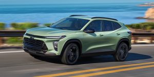 The 2025 Chevy Trax cruising down the road.