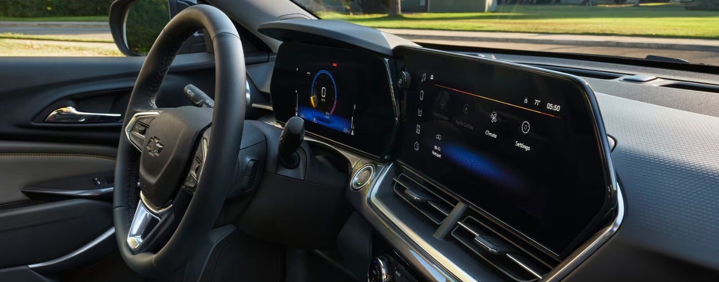 Infotainment system, steering wheel and digital gauge cluster on a 2026 Chevy Trax.