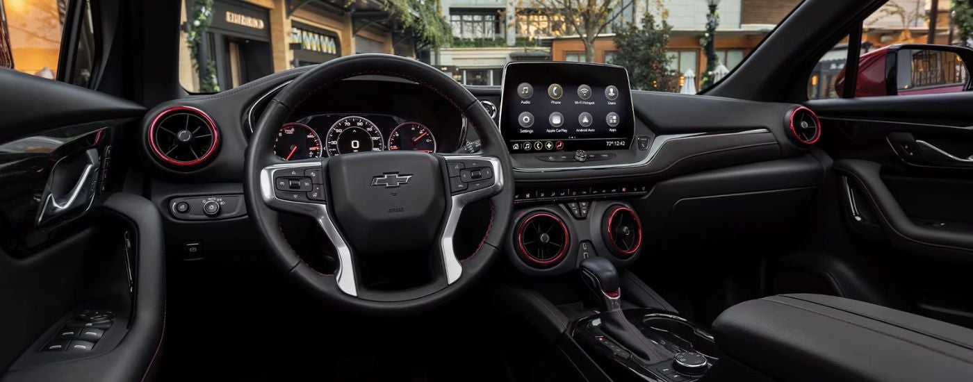Black and red interior of a 2026 Chevy Blazer.