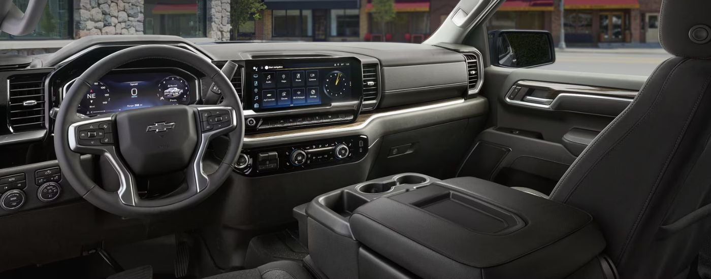 Black front interior of a 2026 Chevy Silverado 1500.